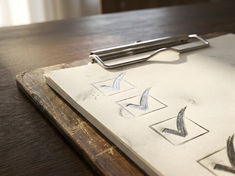 Closeup of a clipboard with a checklist on paper, showing multiple handdrawn checkmarks in boxes on a rustic wooden table