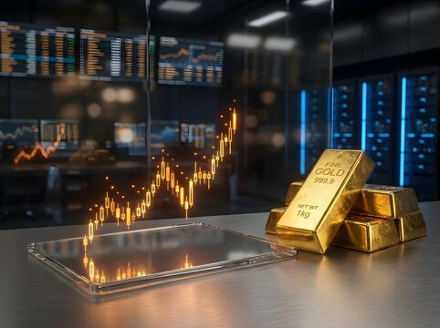 Financial trading concept with glowing candlestick chart hologram and stacked gold bars on a modern office desk with server room background
