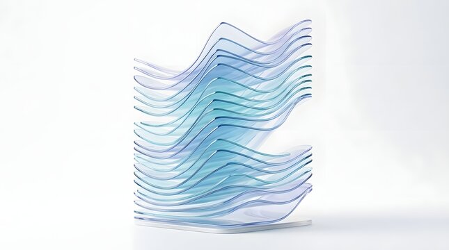Abstract sculpture of layered translucent glass waves with blue and purple gradients isolated on white background