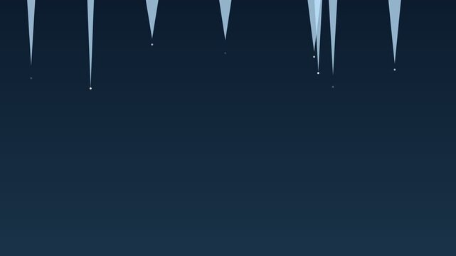 Ice stalactites hanging from a dark blue winter sky with snowflakes and cold atmosphere
