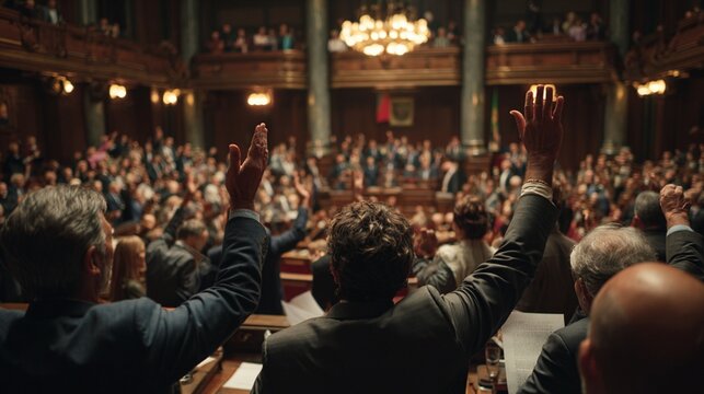 Lively Parliamentary Session with Raised Hands