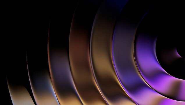 3D Glass gradient Curved Ribbed Panels Wave, Abstract Futuristic Amber Violet Texture, Glowing Copper Gold Light Refraction 3D Render &ndash; Sweeping curved fluted glass slabs catching warm golden-amber