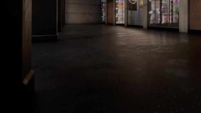 Shadows loom in a vacant commercial area filled with the remnants of vibrancy. Reflections from glass storefronts capture an eerie ambiance as light dances across surfaces.