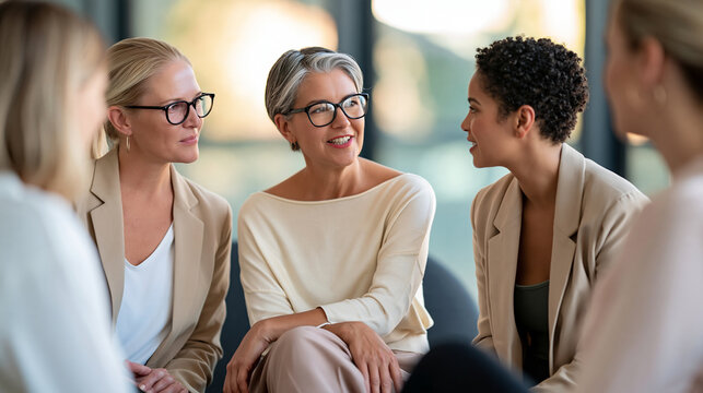 Diverse women sitting together in a supportive professional discussion, workplace support, mentorship, communication, women's leadership, employee wellbeing, inclusive corporate