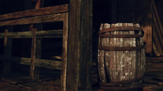 A rustic barrel stands beside a wooden fence, bathed in soft light. The scene captures the charm of a quiet countryside with aged textures and a peaceful atmosphere.