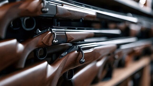 Rows of modern hunting rifles and shotguns with wooden stocks neatly displayed on a shop rack, polished metal and barrels highlighted against a dark background for sale and sport