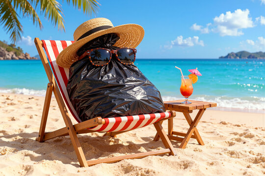 Trash Bag on a Beach Vacation as an Ironic Symbol of Plastic Pollution and Tourism Waste