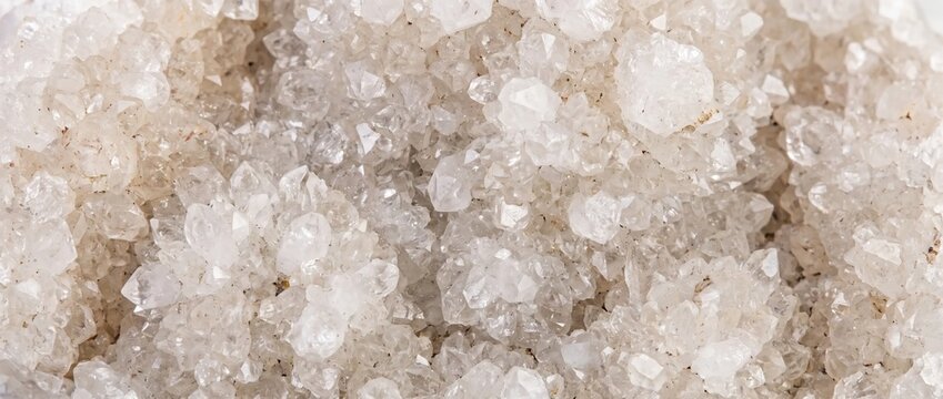 White quartz crystal druzy texture. Sparkling mineral geode cluster background. Natural gemstone crystal points macro