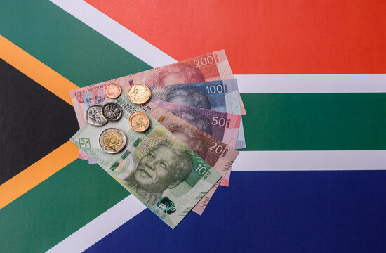 South Africa paper money, rand banknotes and cent coins as currency for exchange or travel