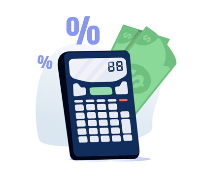 Icon calculator with funds and downward arrow, style vector illustration. For loan refinancing, reducing interest