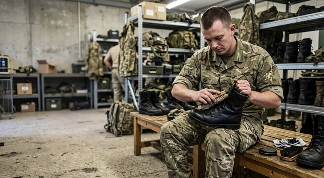 Soldier polishing military boots