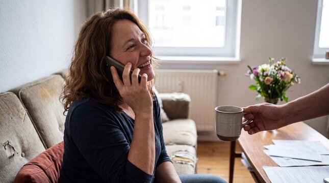 Smiling woman talking on a smartphone while sitting on a sofa in a bright living room as another person offers a mug nearby, relaxed home conversation with cozy everyday comfort for advertising and ed