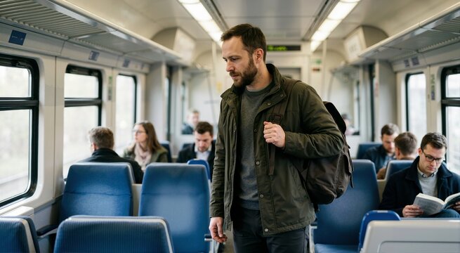 Man with PTSD choosing quieter seat on public transport. Hypervigilance and startle responses