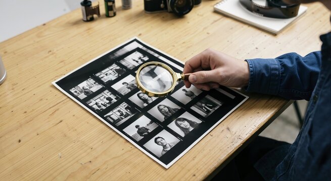Photo contact sheet magnifying glass