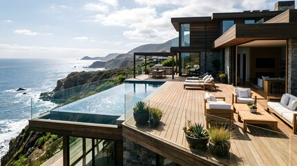 Obraz premium Modern Cliffside Home with Ocean View Wood Deck