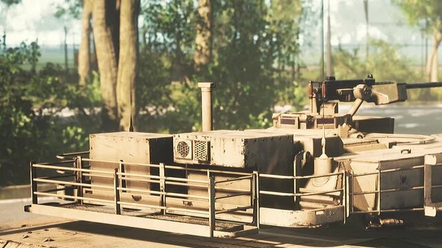 A rugged military vehicle rests under bright sunlight, surrounded by lush greenery. The scene captures a moment of calm amidst an ongoing training exercise, highlighting its detailed design.