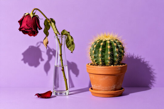 Wilted Red Rose and Spiky Cactus Symbolizing Hurt Love and Emotional Self-Protection