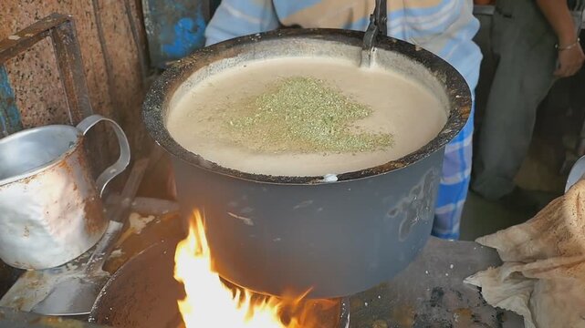 Herbal infusion simmering in black cauldron over open flame in rustic outdoor kitchen with copper backdrop, steam rising, warm light close pot rim and clamp handle