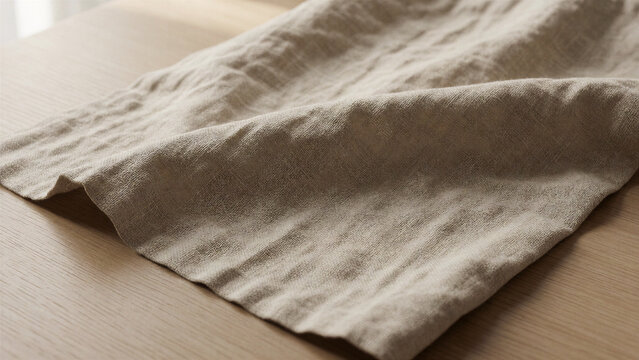 Nahaufnahme eines nat&uuml;rlich gefalteten Leinenstoffs mit sichtbaren Fasern und feinen Falten. Das Bild funktioniert als hochwertiges Material- und Hintergrundmotiv f&uuml;r Design- und Lifestyle-Anwendungen