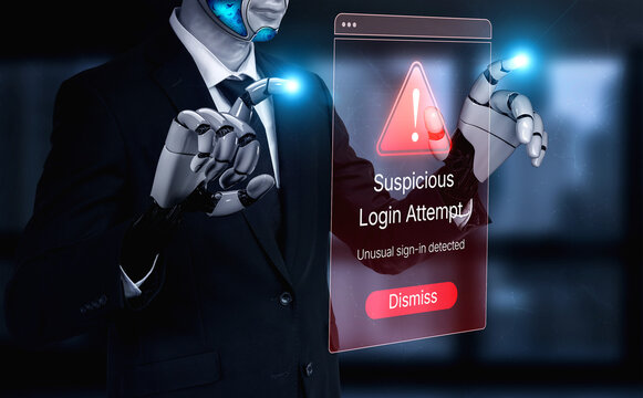 A humanoid robot in a suit alerts users to a suspicious login attempt, emphasizing the importance of cybersecurity in a modern digital landscape with interactive technology. Nascent