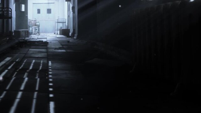 A narrow alleyway reveals its enigmatic charm at dawn. Soft rays of light filter through, casting long shadows. Scattered objects hint at forgotten stories in this quiet urban retreat.
