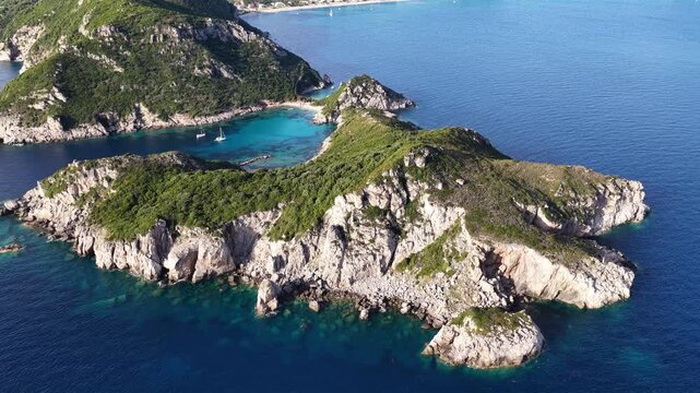 Aerial view of the rocky coastline and turquoise waters in Corfu Greece