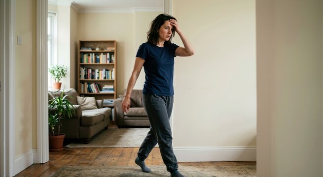 Adult during manic episode pacing room with restless energy. Mania and increased activity