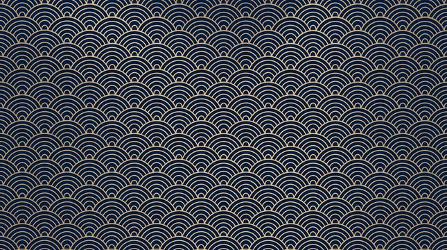 Abstract gold wave pattern on a dark blue background with elegant repeating geometric golden overlapping circular arches arranged symmetrical