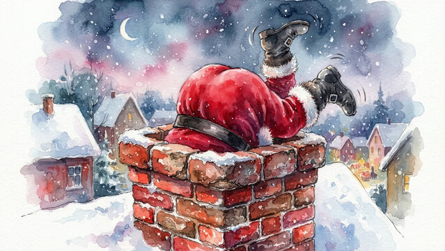 Watercolor painting illustration of a funny Santa Claus stuck upside down in a brick chimney on a snowy Christmas night with houses and a moon in the background.