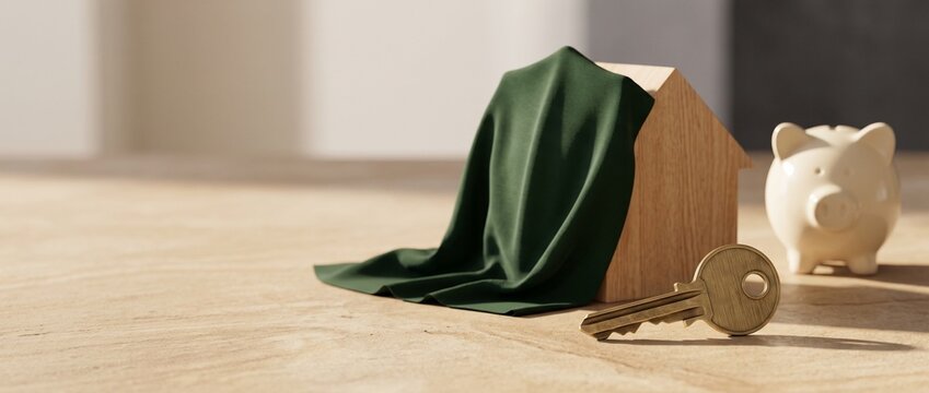 House key, wooden home model and piggy bank symbolizing financial security in later life, retirement savings, home protection and a stable future