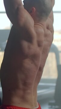 Focused muscular man training back and shoulders on cable machine in modern gym, showcasing defined upper body strength, symmetry, and intense bodybuilding workout effort