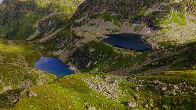 Aerial view of alpine lakes in mountain valley