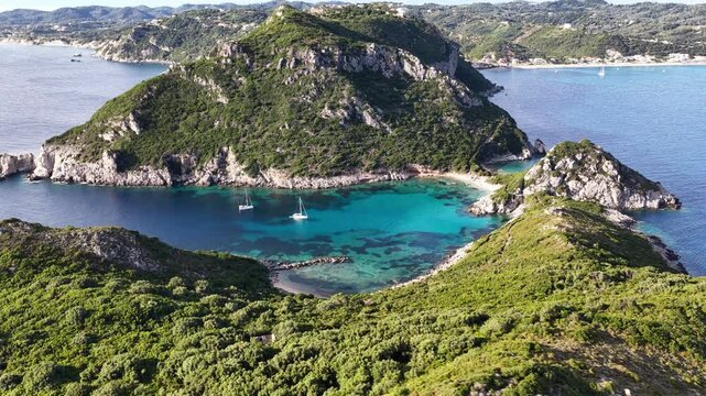 Aerial view of boats in the turquoise waters of Porto Timoni in Corfu Greece