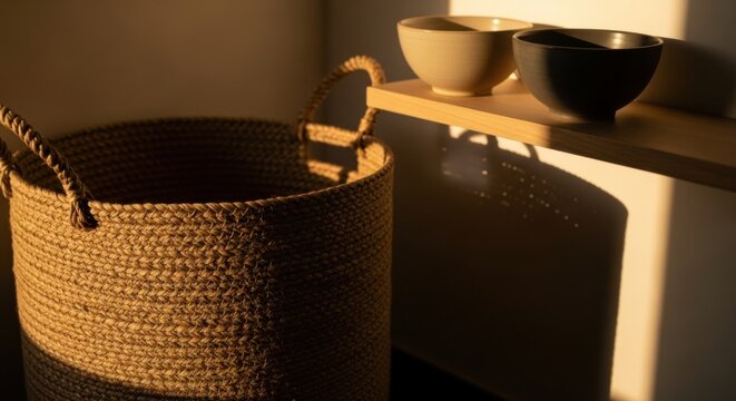 Warm Sunlight Illuminates Woven Basket and Bowls on Shelf