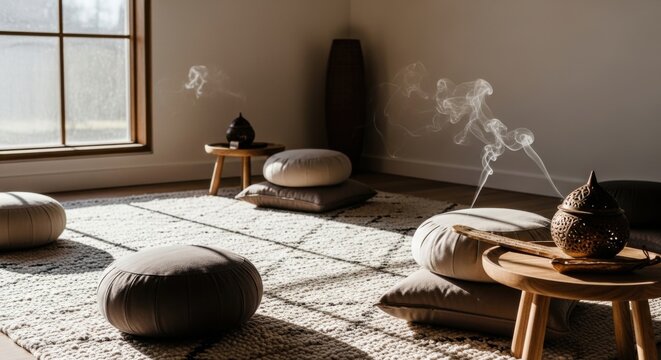 Zen meditation room with incense smoke floor cushions and natural light from window