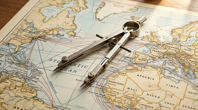 Silver compasses on world map for global business logistics