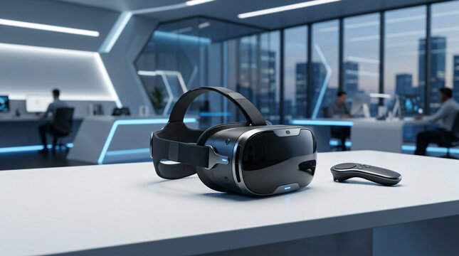 High-Tech VR Headset on Minimalist Corporate Office Desk