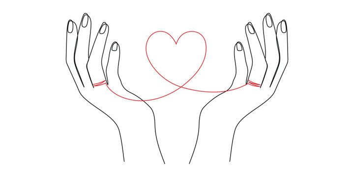 One continuous line drawing of hand holding heart. Concept of love relationship and charity volunteer organization symbol in simple linear style. Editable stroke. Doodle Vector illustration.