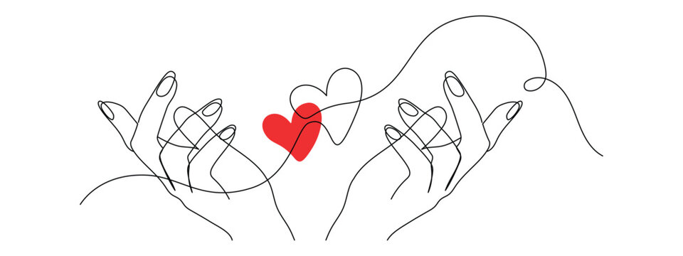 One continuous line drawing of hand holding heart. Concept of love relationship and charity volunteer organization symbol in simple linear style. Editable stroke. Doodle Vector illustration.