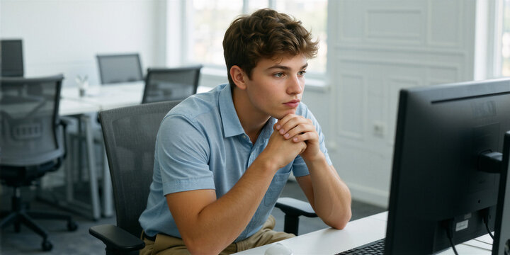Teenager intently focuses on computer screen in minimalist office with modern decor and natural light.