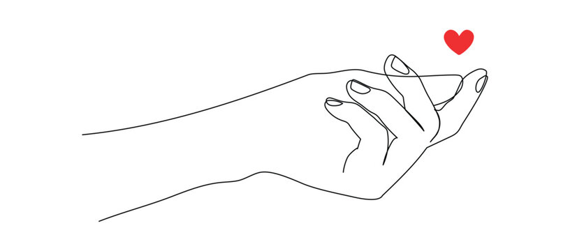 One continuous line drawing of hand holding heart. Concept of love relationship and charity volunteer organization symbol in simple linear style. Editable stroke. Doodle Vector illustration.