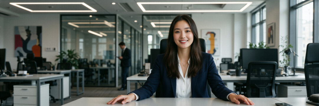 Young Asian woman sits confidently at a modern desk, smiling softly in a sleek office with LED lighting and glass-walled conference rooms.