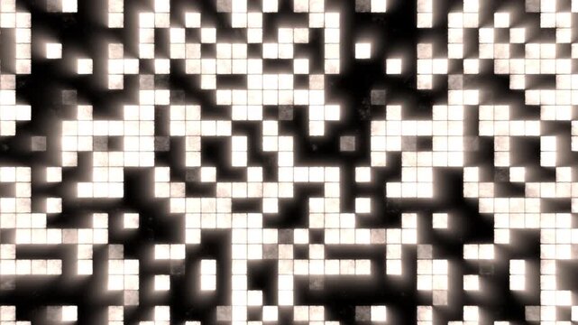 Seamless loop animation of a dense array of illuminated square tiles in a vintage black-and-white pattern, glowing softly against a dark backdrop, abstract digital mosaic.
