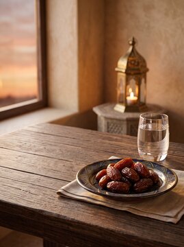 Ramadan iftar table setting with dates, glass of water and traditional lantern, warm golden hour light, wooden table, cozy Islamic home interior.