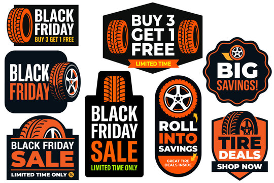 Black Friday tire sale badges set with buy 3 get 1 free promotional labels and car wheel tread graphics
