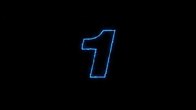 Neon Glow Electric Countdown Animation Numbers 1 to 10 with Futuristic Light Effect, blue Neon Countdown Timer, 10 9 8 7 6 5 4 3 2 1, Abstract Tech Intro, Transparent Background
