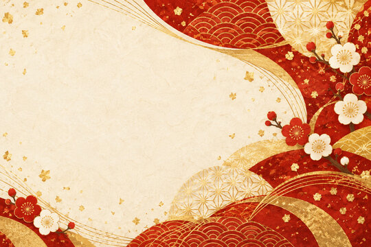 Elegant Japanese pattern background with gold seigaiha waves, asanoha pattern and red and white plum blossoms on cream washi paper, New Year design with copy space