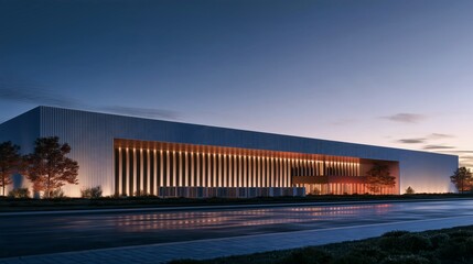 Fototapeta premium Contemporary architectural building illuminated at dusk with clean lines for commercial development and urban design.