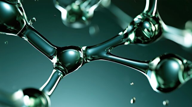 Molecular network structure with metallic spheres and green tones for science technology and research concepts.