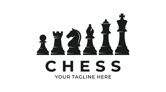 Elegant black chess pieces silhouette vector logo design featuring knight, king, queen and pawn
